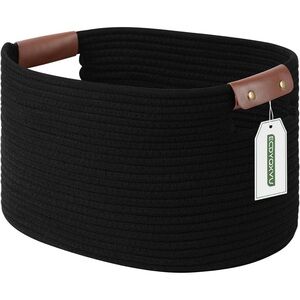 Black Woven Basket with Leather Accents